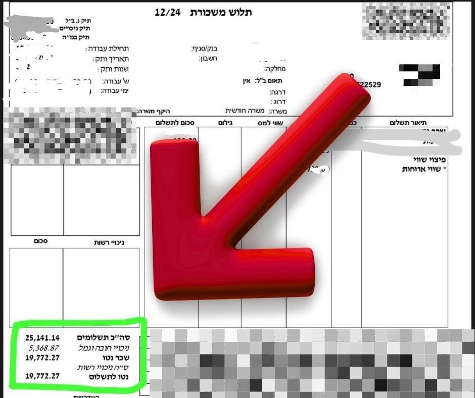 תלוש שכר אמיתי ומטושטש של חבר צוות, הפרטים המזהים מוסתרים
