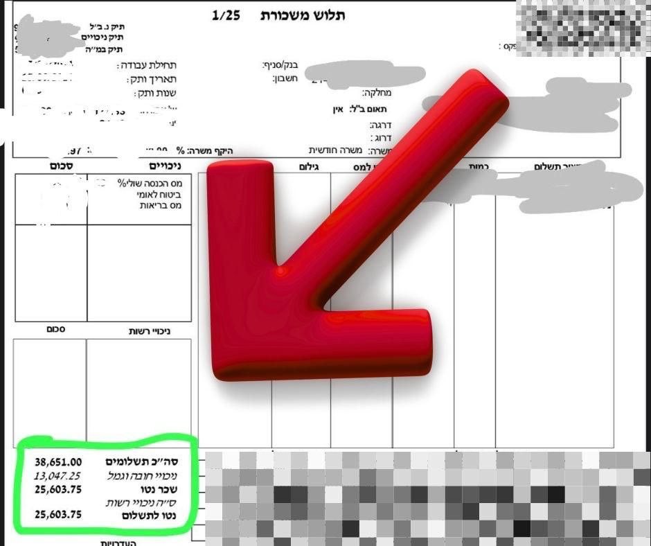 תלוש שכר אמיתי ומטושטש של חבר צוות, הפרטים המזהים מוסתרים